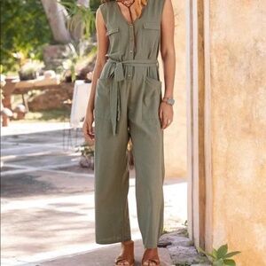 The Shanty Linen Flax Sage Green Tie Waist Utility Jumpsuit Size S